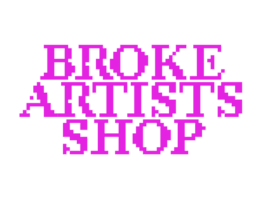 Pink pixelated text reading 'BROKE ARTISTS SHOP' on black background Pinker, pixeliger Schriftzug 'BROKE ARTISTS SHOP' auf schwarzem Hintergrund 