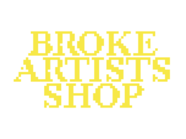 Yellow pixelated text reading 'BROKE ARTISTS SHOP' on black background Gelber, pixeliger Schriftzug 'BROKE ARTISTS SHOP' auf schwarzem Hintergrund 